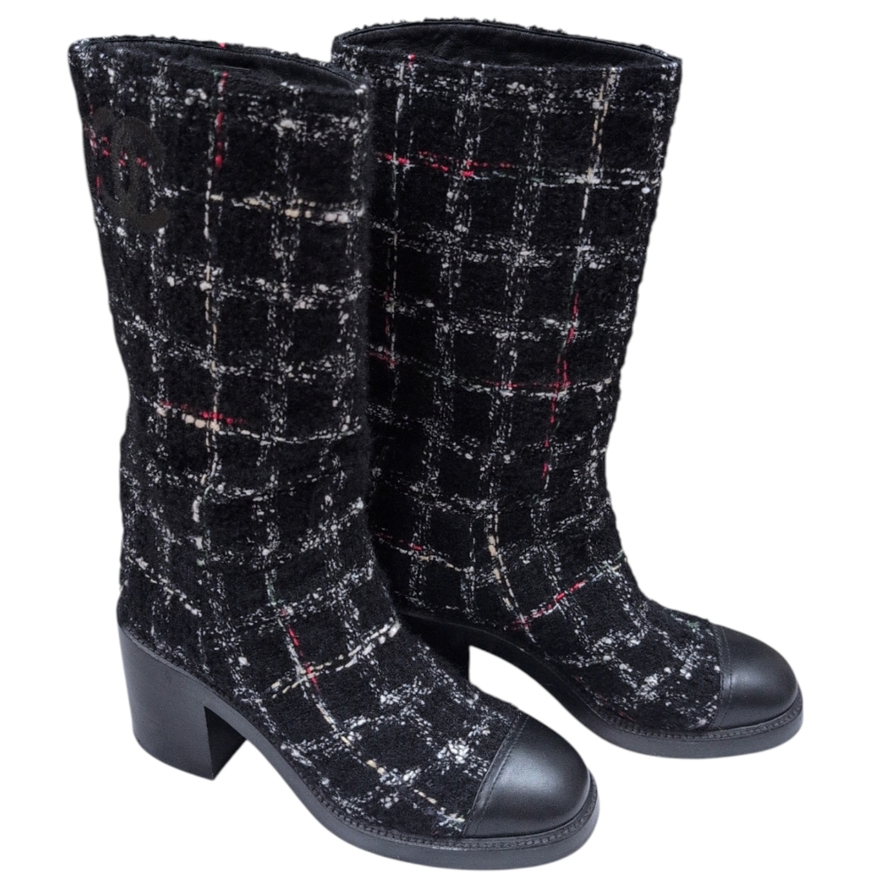 AUTHENTIC CHANEL Interlocking CC Logo Riding Boots Tweed Mid-Calf Riding Boots